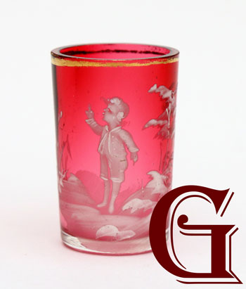cranberry glass tot with Mary Gregory decoration
